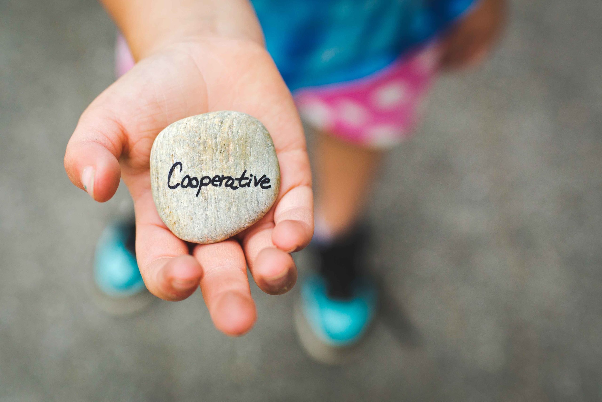 Mano de niña sujetando una piedra que pone "cooperación"